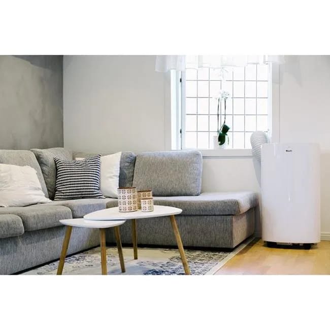 Siirrettävä ilmastointilaite olohuoneessa. Lue, kuinka usein suodatin tulisi puhdistaa optimaalisen ilmanlaadun ylläpitämiseksi.