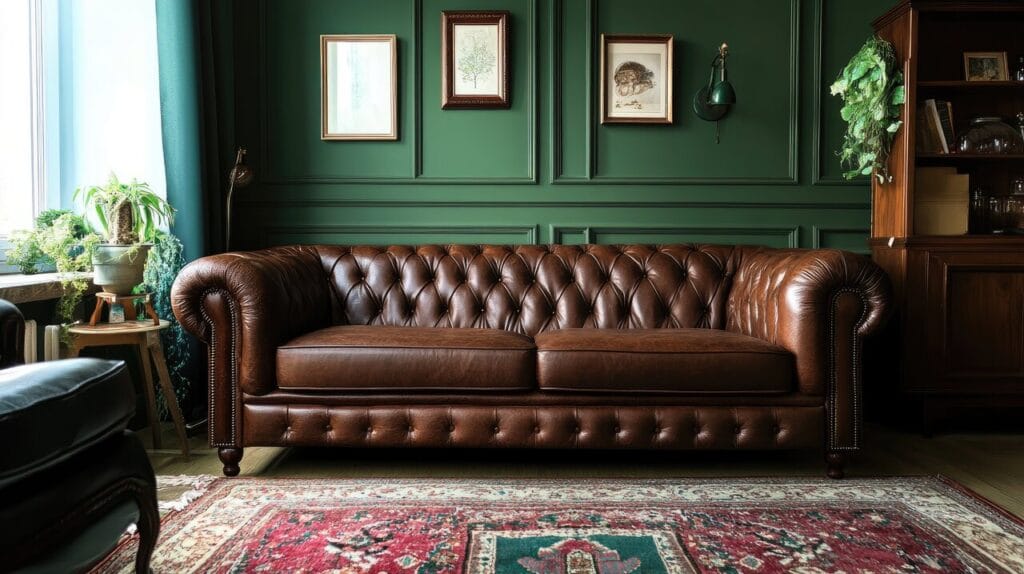 Ruskea nahkainen Chesterfield-sohva vihreää seinäpaneelia vasten, klassinen olohuone sisustettu kasveilla ja tauluilla