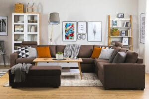 Ruskea Crazy 7-istuttava XXL-kokoinen L-muotoinen kulmasohva olohuoneessa, koristetyynyt ja lämmin sisustus – erittäin suuri ja käännettävä kangassohva