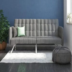 Emily harmaa futon-vuodesohva valkoisella matolla ja sinisellä seinällä, moderni sisustus