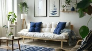 Moderni futon-sohva vaalealla rungolla ja muhkeilla valkoisilla pehmusteilla, sinisillä tyynyillä ja kasveilla sisustetussa valoisassa olohuoneessa