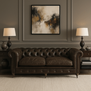 Kensington 2,5-istuttava ruskea nahkasohva koristeellisessa olohuoneessa, taustalla maalaus ja pöytälamput – klassinen ja laadukas nahkasohva