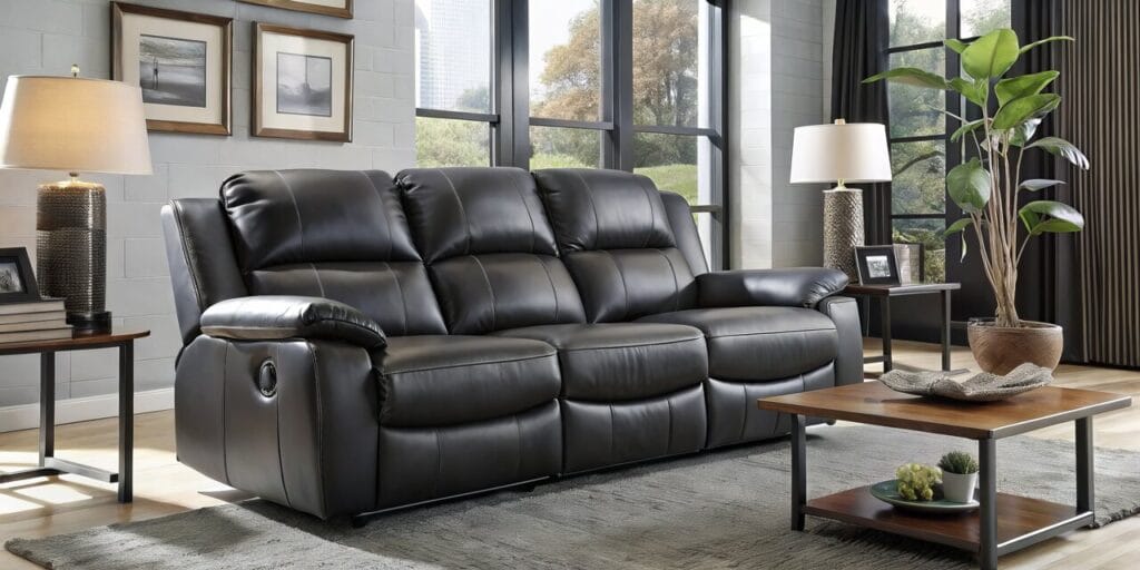 Mustan nahkainen mekanismisohva tilavassa ja valoisassa olohuoneessa, jossa suuret ikkunat ja moderni sisustus