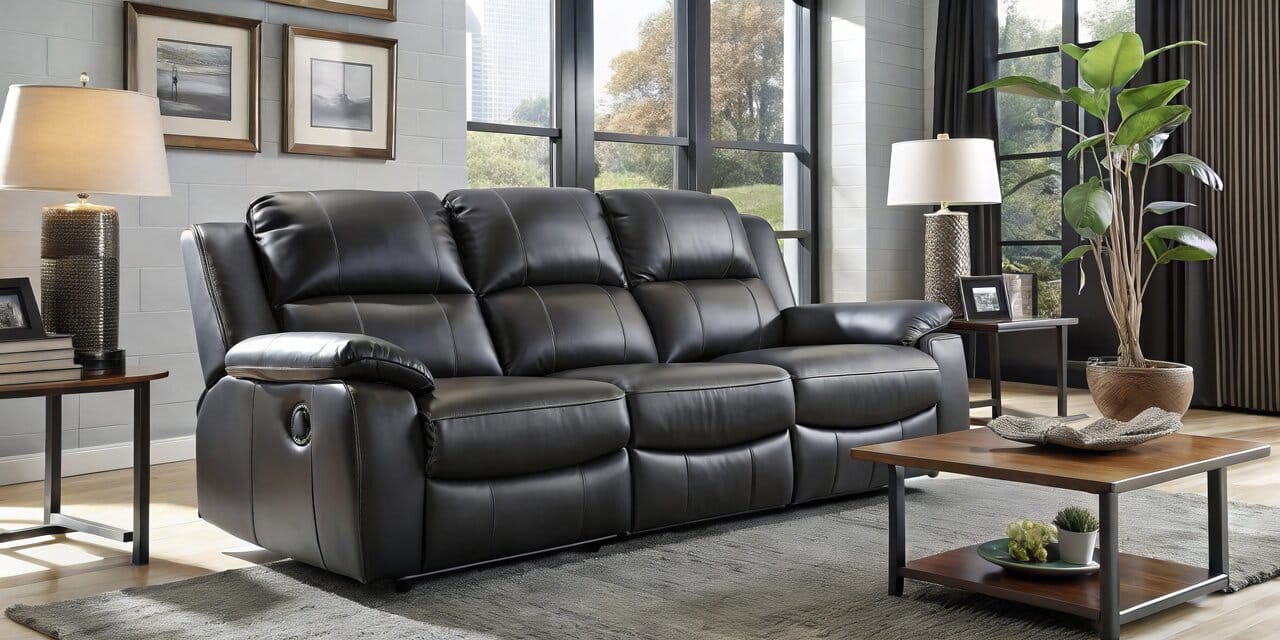 Mustan nahkainen mekanismisohva tilavassa ja valoisassa olohuoneessa, jossa suuret ikkunat ja moderni sisustus