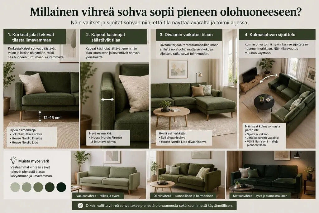Infografiikka vihreän sohvan valinnasta pieneen olohuoneeseen, sisältäen sisustusvinkkejä ja eri sohvamalleja.