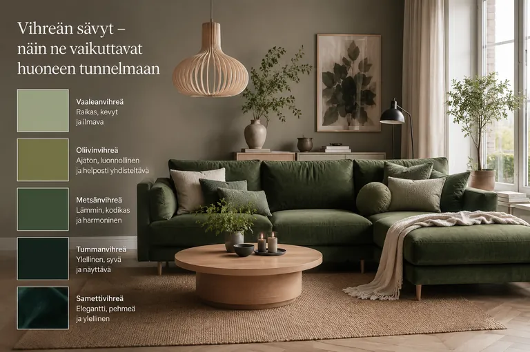 Eri vihreän sävyt esiteltynä vihreän kulmasohvan vieressä modernissa olohuoneessa.