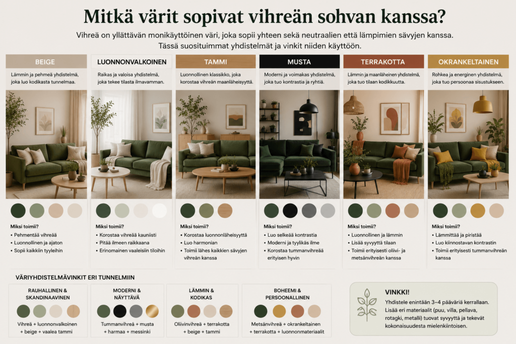 Infografiikka vihreän sohvan kanssa yhteensopivista väreistä, kuten beige, luonnonvalkoinen, tammi, musta, terrakotta ja okrankeltainen.