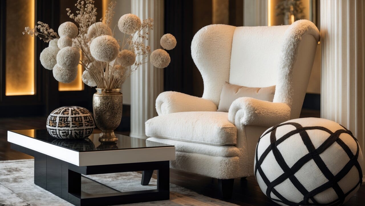 Ylellinen valkoinen teddy-nojatuoli tyylikkäässä sisustuksessa, koristeellisella sohvapöydällä ja sisustusesineillä