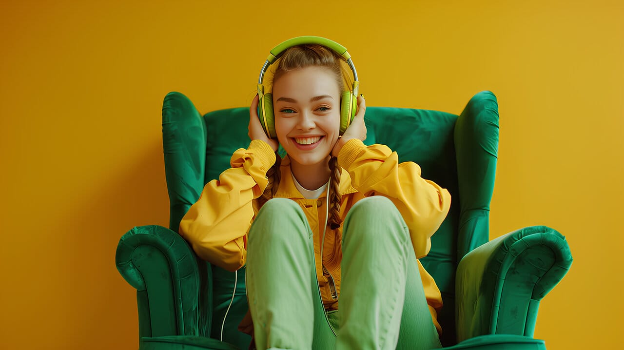 Nuori nainen istuu vihreässä nojatuolissa keltaisella taustalla, kuulokkeet päässä ja hymyilee iloisesti