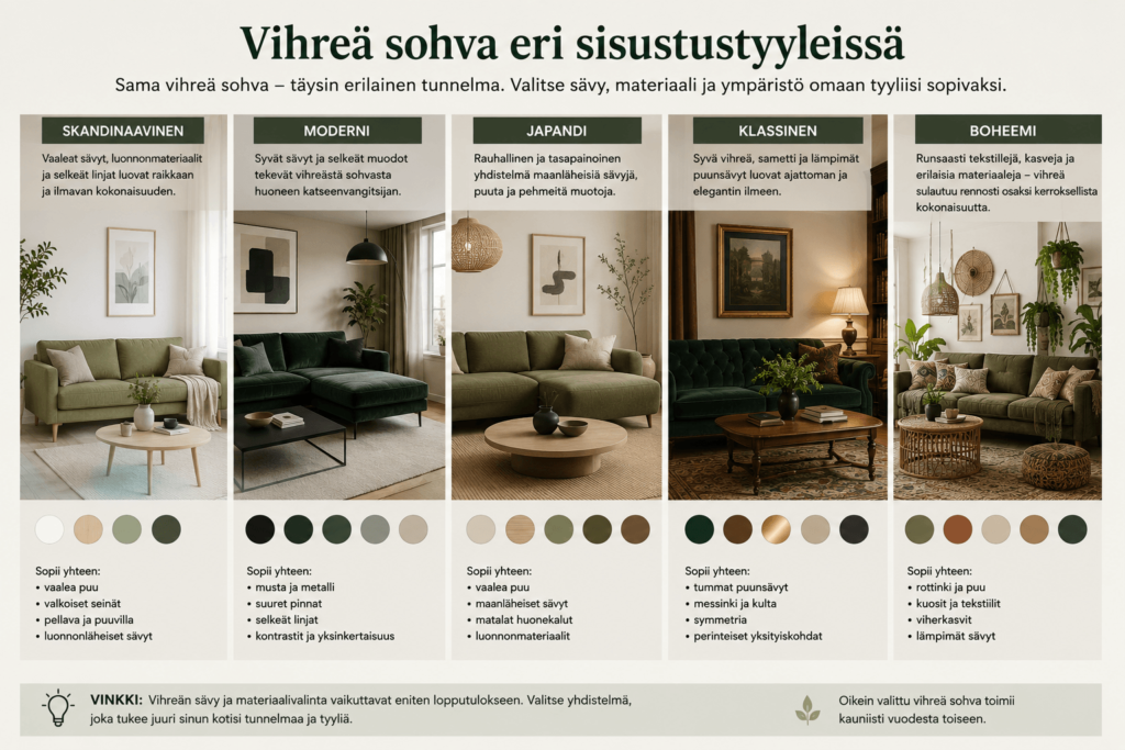 Infografiikka vihreän sohvan käyttämisestä eri sisustustyyleissä, kuten skandinaavisessa, modernissa, Japandi-, klassisessa ja boheemissa sisustuksessa.