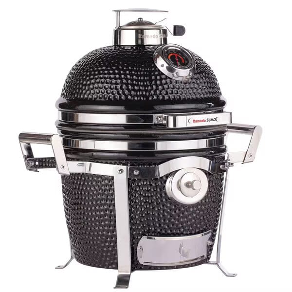 Kamado Sumo Signature Junior hiiligrilli mustana lämpömittarilla ja ruostumattomalla teräsrungolla