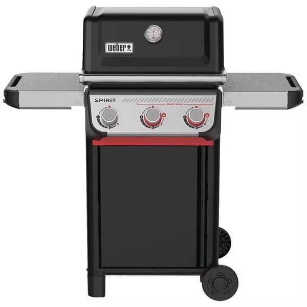 Musta Weber Spirit E-325 kaasugrilli, jossa kolme poltinta ja sivutasot