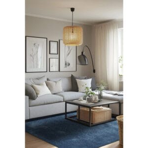 Tummansininen Solvyn-ryijymatto olohuoneessa, jossa harmaa sohva, vaaleat tyynyt ja moderni sisustus