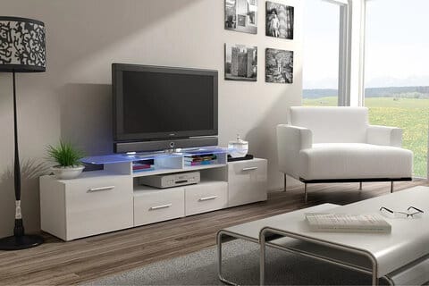 TV-taso Evora 194x39x39 cm valkoisena, LED-valaistuksella ja säilytystiloilla modernissa olohuoneessa