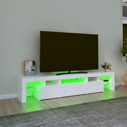 Moderni vidaXL TV-taso valkoisena, LED-valaistuksella, olohuoneen sisustuksessa