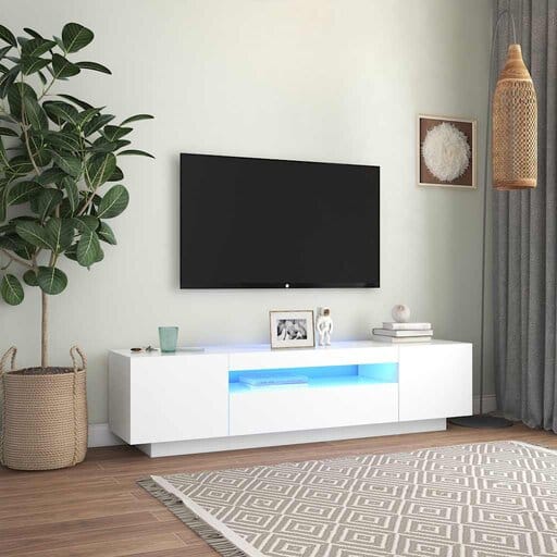 Valkoinen vidaXL TV-taso LED-valaistuksella, modernissa olohuoneessa kasvin ja maton kanssa