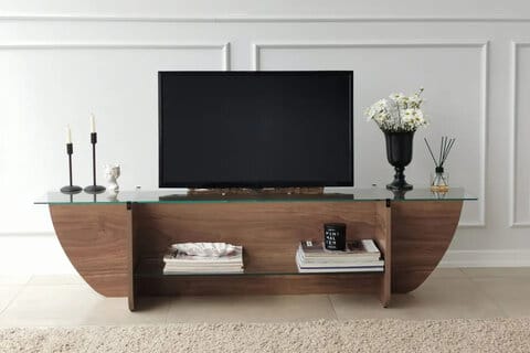 Tyylikäs Zakkum TV-taso, jossa yhdistyy lasipinta ja puuviimeistely, korkeus alle 45 cm