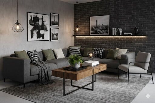 Sohvapöytä lankkupinnalla ja mustilla metallijaloilla modernissa olohuoneessa