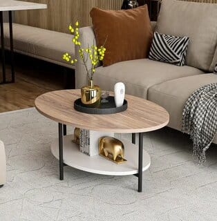 Elistia ovaali sohvapöytä, vaalea puukansi ja valkoinen hylly, modernissa olohuoneessa beigen sohvan edessä