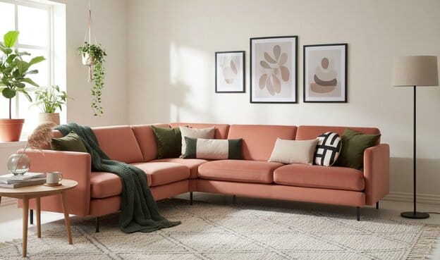 Vaaleanpunainen Elion samettikulmasohva modernissa ja valoisassa olohuoneessa.