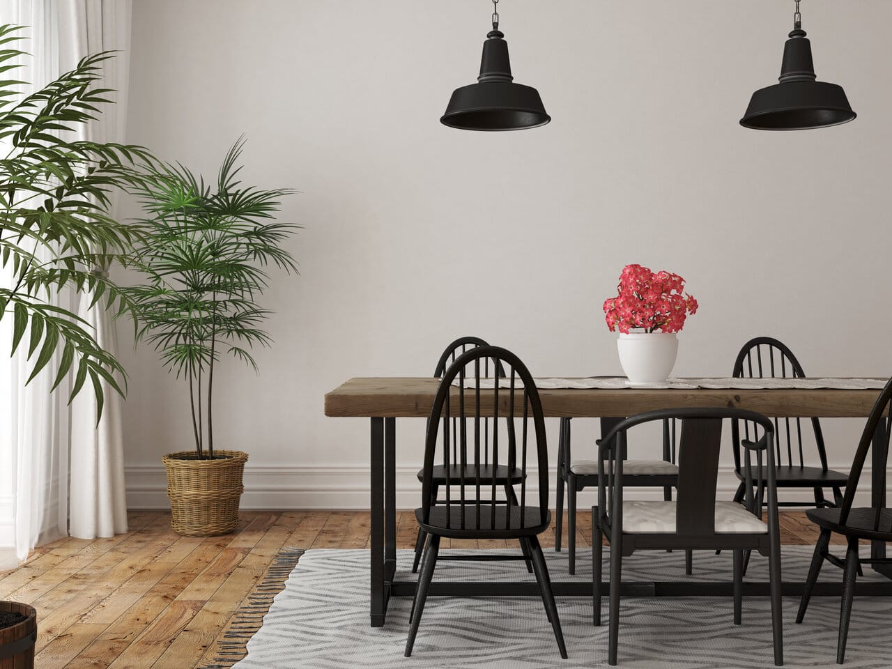 Iso puinen ruokapöytä kuudella mustalla tuolilla, moderni ruokailutila ja vaaleat seinät – artikkelin kansikuva.