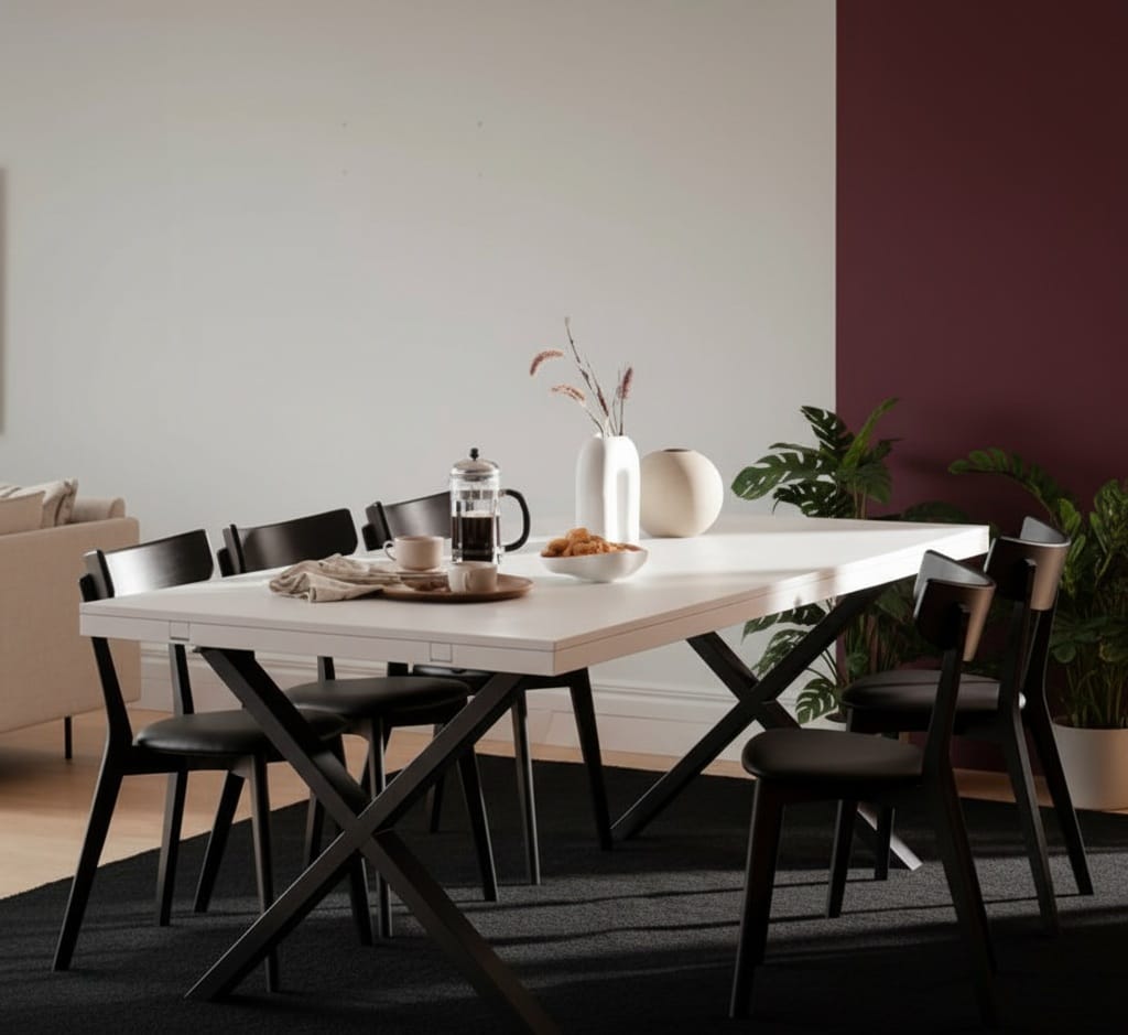 Moderni jatkettava ruokapöytä, jossa on valkoinen pöytälevy ja mustat X-jalat, ympärillä kuusi mustaa ruokatuolia valoisassa ruokailutilassa.