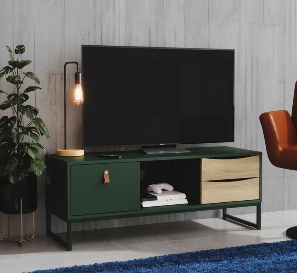 Pieni TV-taso modernissa olohuoneessa, vihreä ja puunsävyinen tv-taso sopii kompakteihin tiloihin.