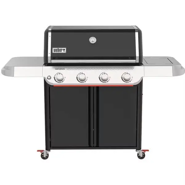 Weber Genesis E-415W kaasugrilli musta ja teräksinen neljällä polttimella.