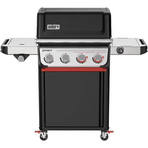 Weber Spirit EPX-435 kaasugrilli musta ja teräksinen sivutasoilla.