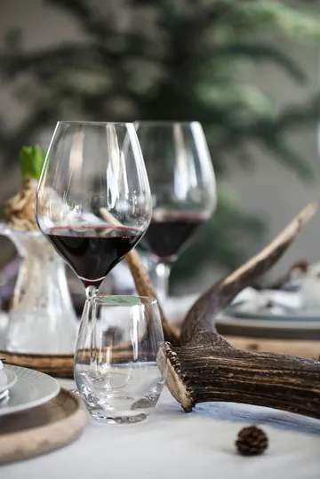Cabernet-punaviinilasit punaviinillä katettuna rustiikkisessa pöytäympäristössä.