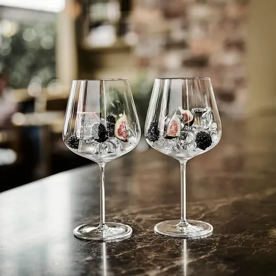 Kaksi suurikokoista Pinot Noir -punaviinilasia kirkkaasta lasista tarjoiltuna jääpalojen, viikunoiden ja marjojen kanssa.
