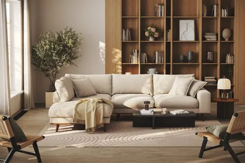 Vaalea Copenhagen Premium 4-istuttava vasenkätinen L-muotoinen sohva divaanilla tyylikkäässä olohuoneessa.